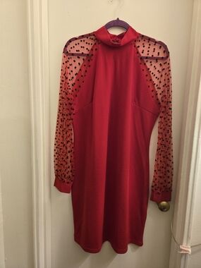 SHEIN Red Mock Neck Midi Dress with Polka Dot Mesh Sleeves